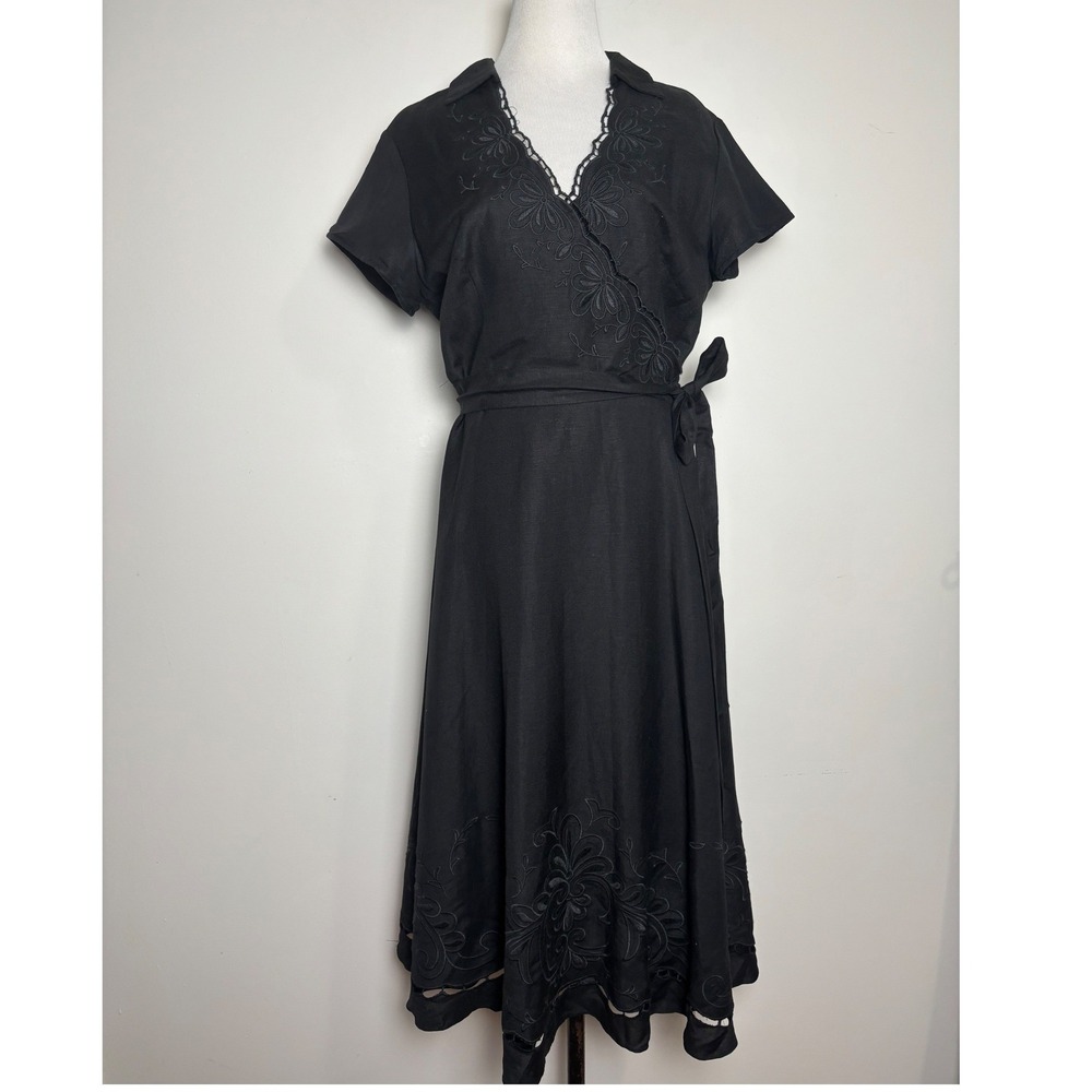 Plaza South Vintage Linen Blend Faux Wrap Dress 14 Party Career Wedding Guest